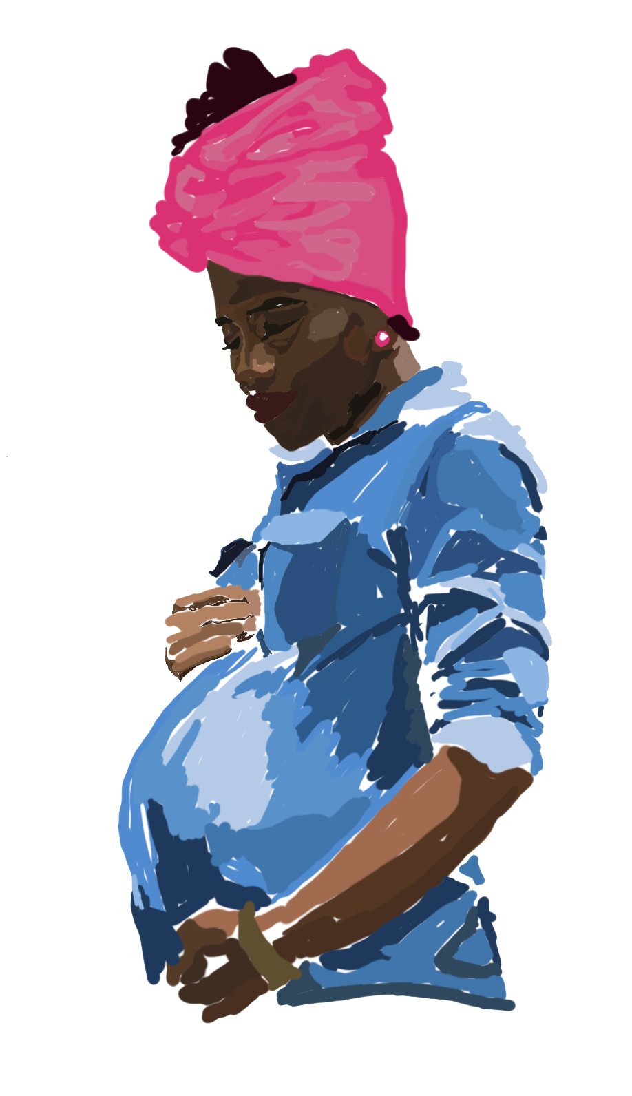 Illustration of a pregnant woman wearing a blue shirt and a pink headwrap